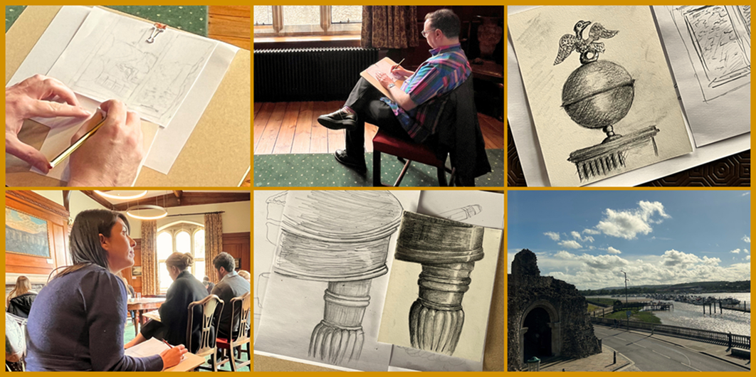 A series of images of people drawing during art workshops